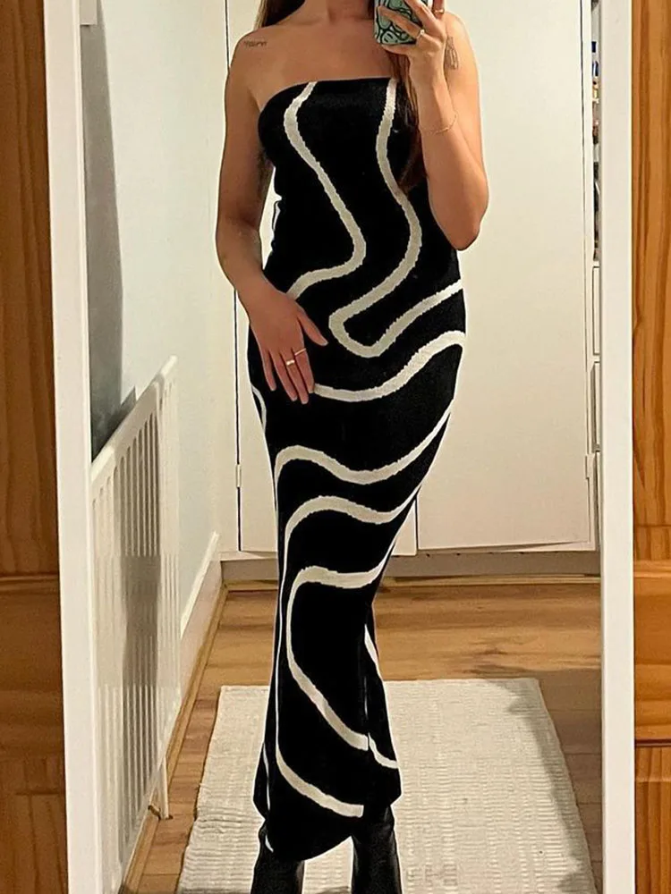 Черно-белое вязаное Полосатое длинное платье без бретелек, женское сексуальное платье без рукавов с открытой спиной, женское летнее Клубное платье для вечеринки