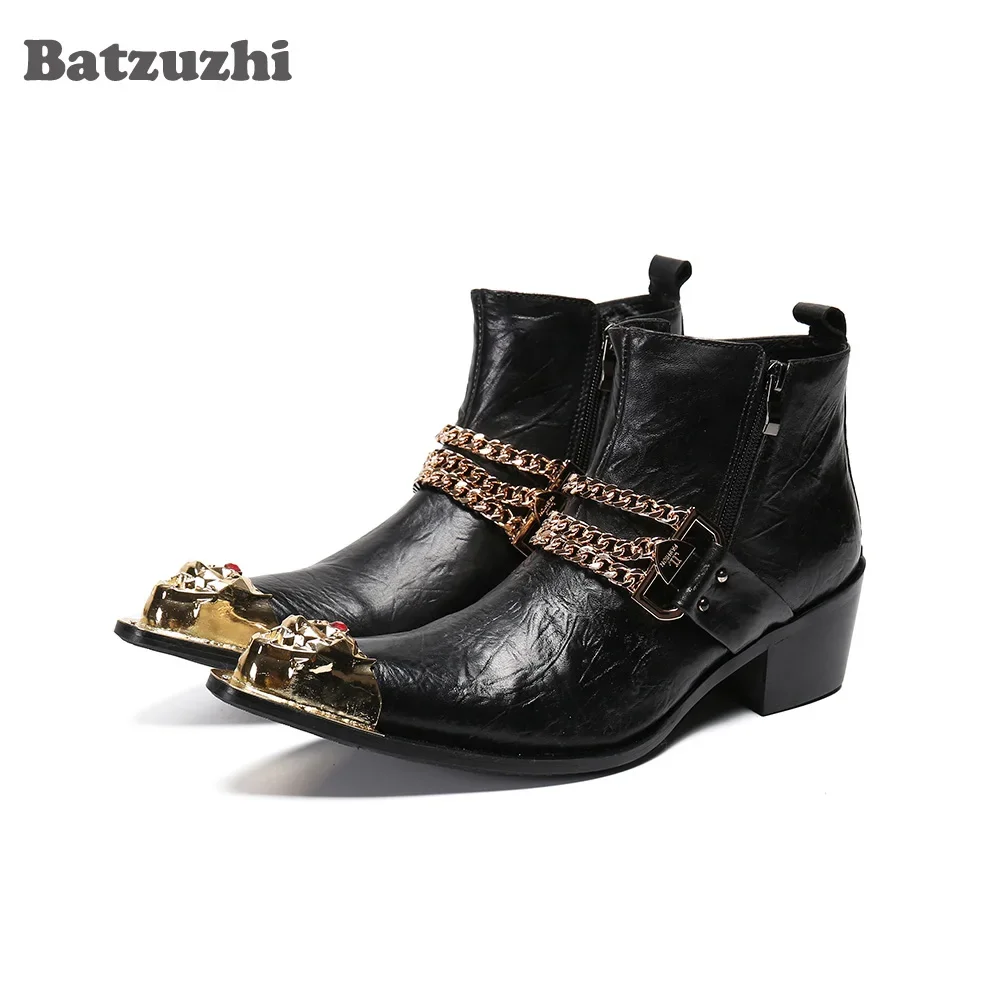 

Batzuzhi Fashion Men's Boots Pointed Toe Genuine Leather Ankle Boots Men Black/Red Party and Wedding Dress Botas, Big Size US12
