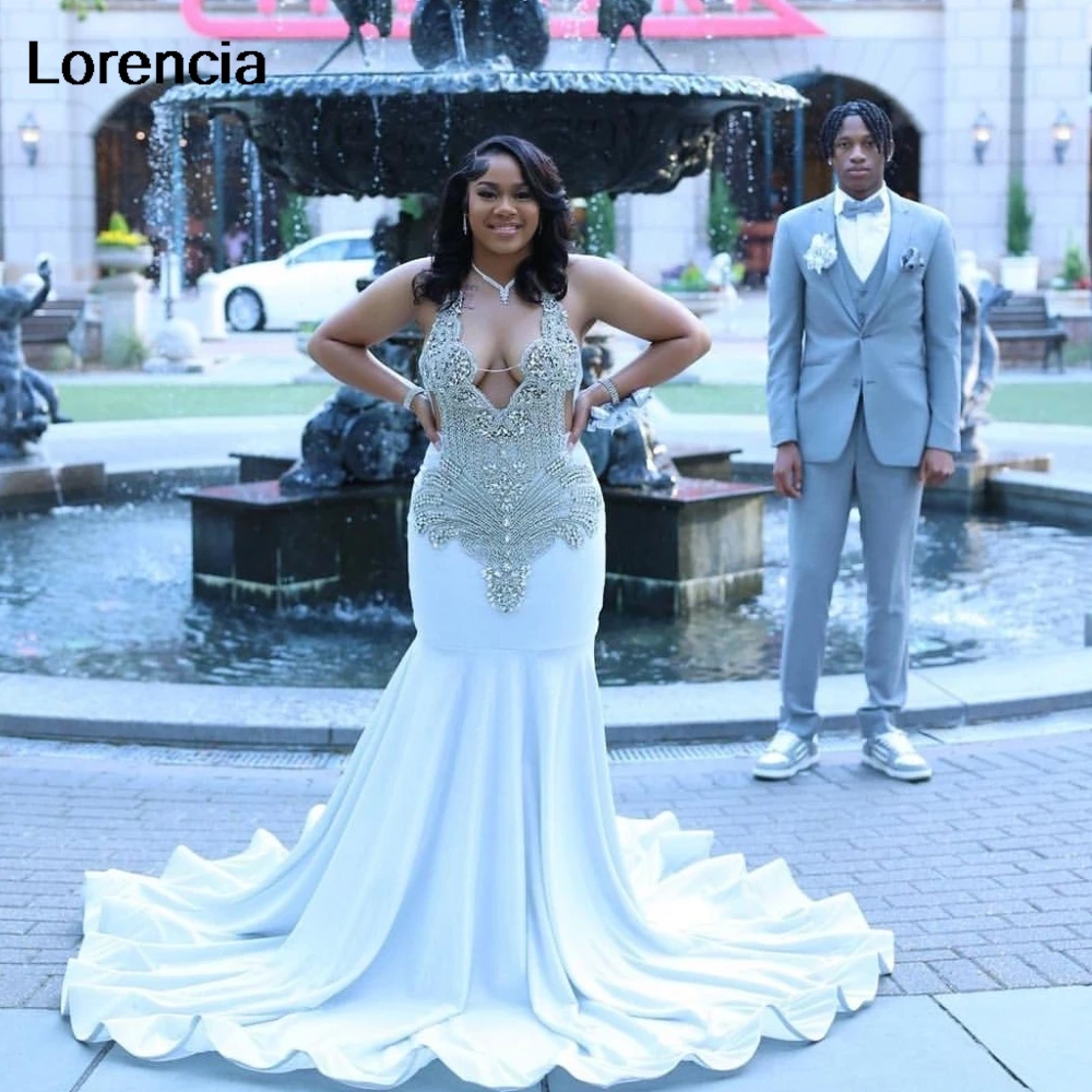 

Lorencia Silver Sequins Mermaid Prom Dress For Black Girls African Diamonds Beading Formal Party Gala Gown Robe De Soirée YPD101