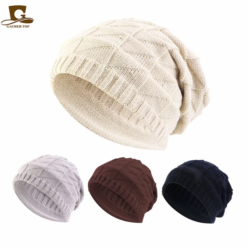 

New Knitted Beanie Women's Hat Men Casual Slouchy Rhombus Knitting Warm Crochet Skull Unisex Female Baggy Cap