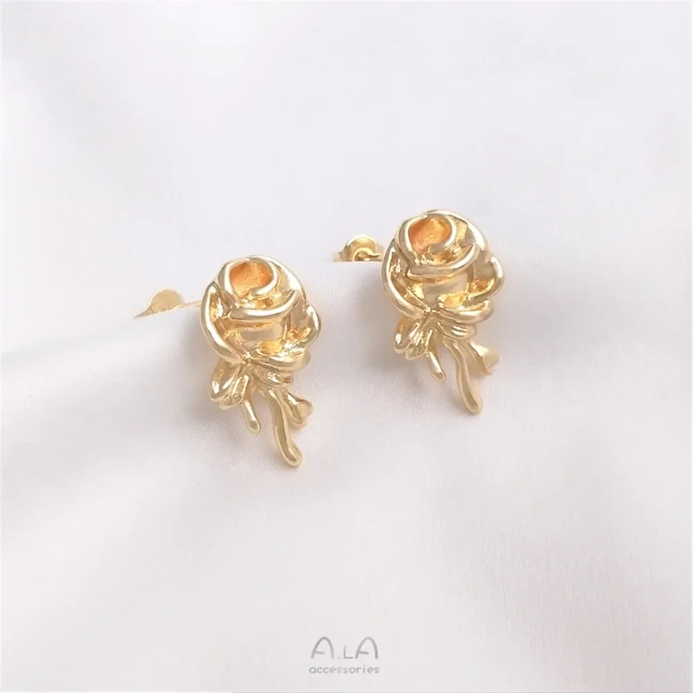 

14K Package gold rose with sling Ring ear studs 925 Silver Needle diy Hanging Baroque Pearl Earring accessories