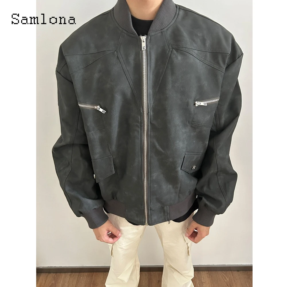 

Samlona 2023 New Faux Pu Leather Jackets Autumn Tops Outerwear Men Fashion Zip Up Coats Kpop Moto&Biker Jacket Men's Overcoats