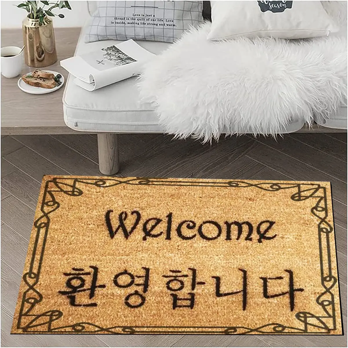 

Korean English Welcome Door Mat Rubber Backing Anti-Slip Entrance Doormat Outdoor Porch Foot Floor Mat Home Room Decor