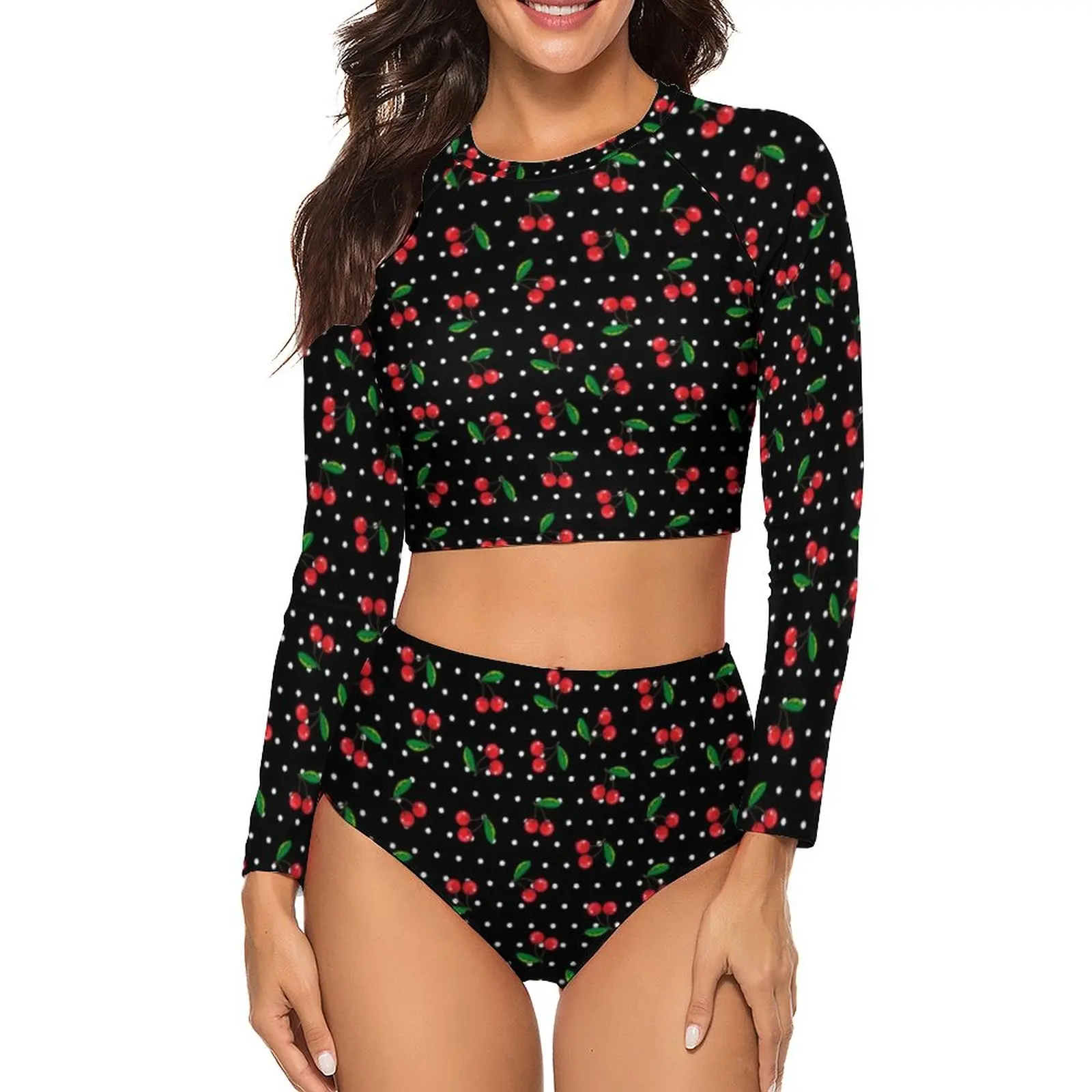 

Cherry And Leaf Bikini Swimsuit Sexy Polka Dots Print Long Sleeve Bikinis Set Two-Piece Swimwear Pattern Swimsuits Beachwear