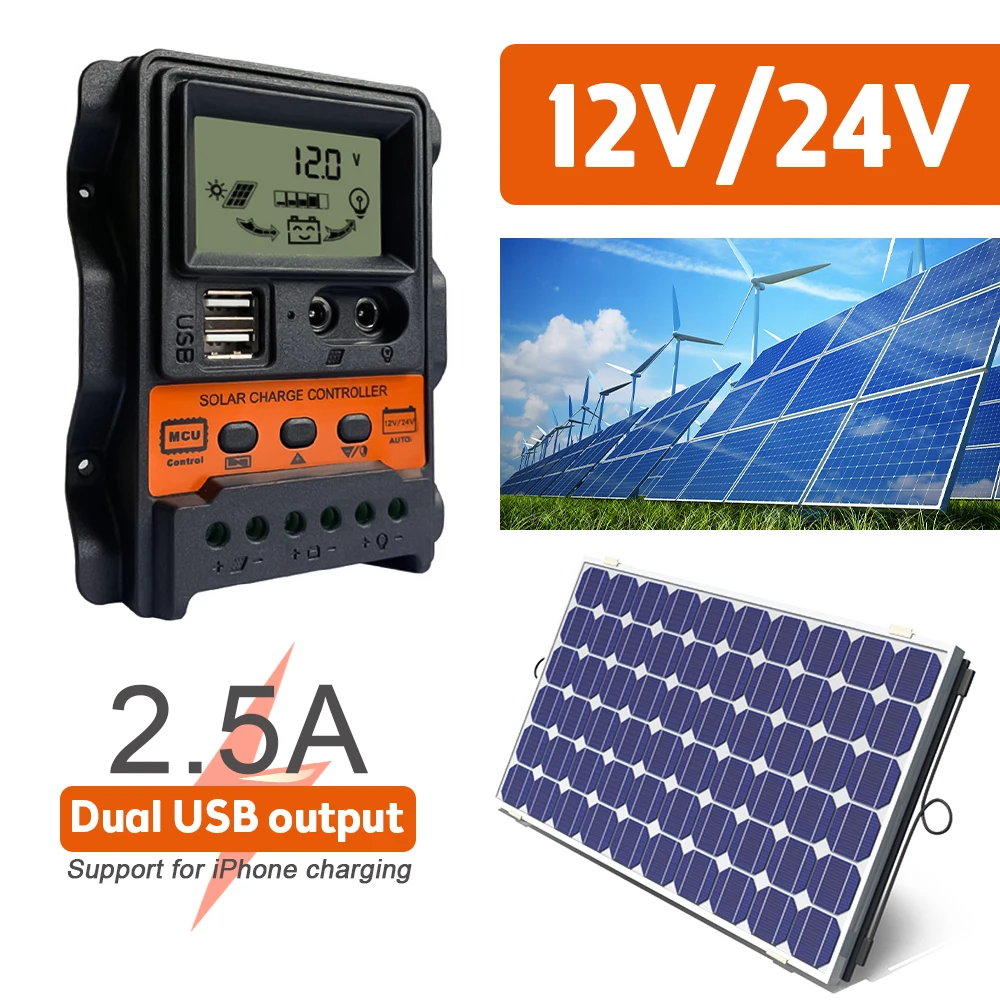 Solar Charge Controller PWM Controller With LCD Display 10A 20A 30A 12V 24V Dual USB 5V Output Solar Panel Charger Regulator
Solar Charge Controller PWM Controller With LCD Display 10A 20A 30A 12V 24V Dual USB 5V Output Solar Panel Charger Regulator