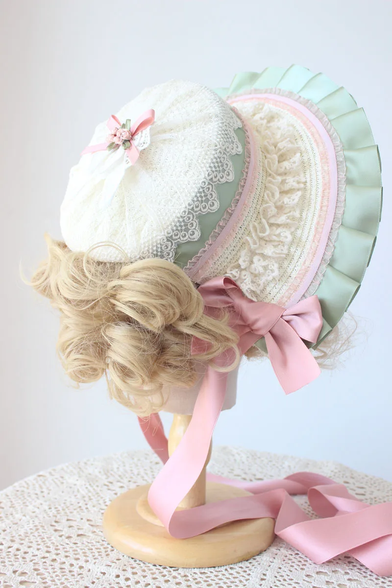 

Pink Green Classic Straw Hat Lolita Girl Lace Bowknot Bonnet Flat hat Tea Party Gorgeous Fairy All-match Women Children's Cap