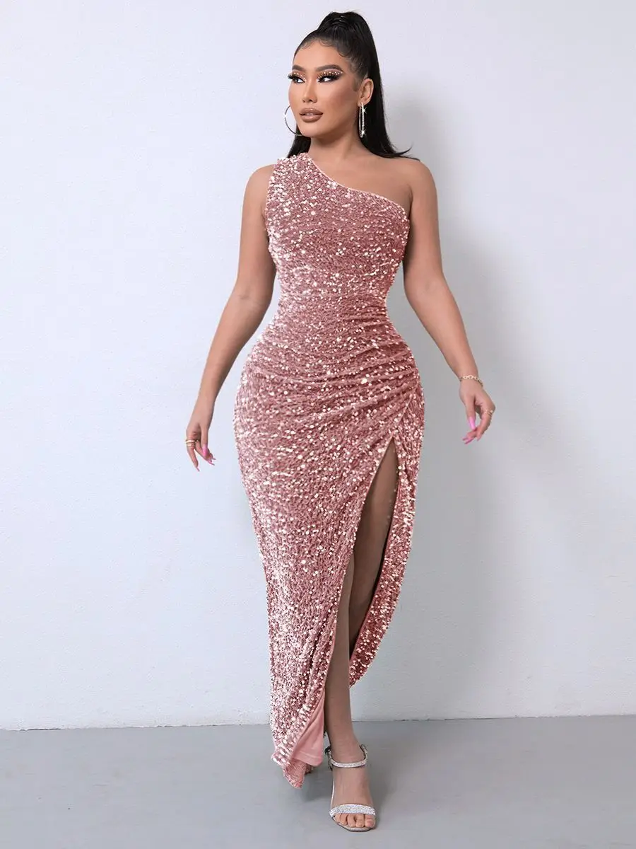 

Sexy Women Bodycon Evening Dress Pink Black One Shoulder High Slit Sequin Sparkly Long Prom Dresses Elegant Cocktail Party Robes