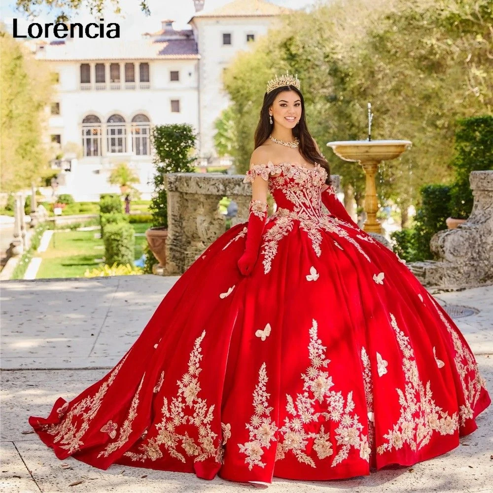 

Lorencia Red Quinceanera Dress Gold Lace Floral Applique Beading With Cape Mexican Corset Sweet 16 Vestidos De 15 Años YQD656