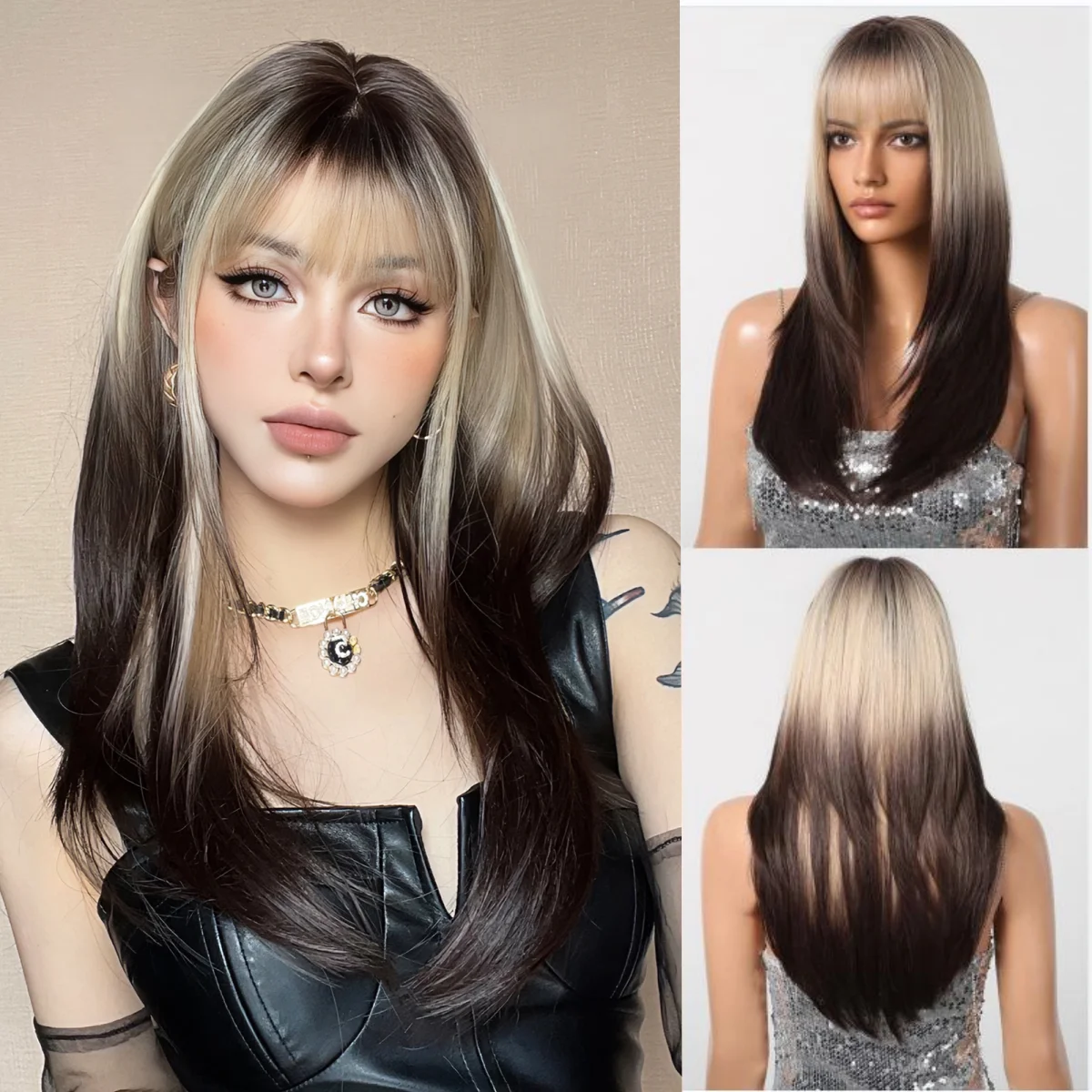 

Long Straight Layered Wig for Women Ombre Brown Soft Wig with Bangs Natural Daily Party Silky Synthetic Fake Hair Heat Resistant