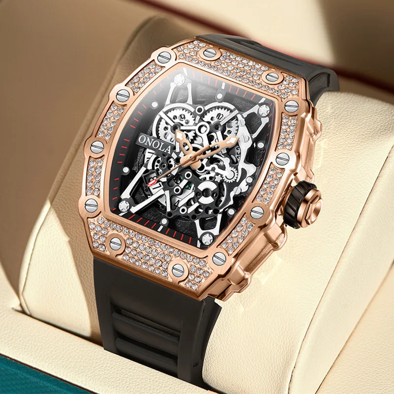 

Hot Sales Luxurious Brand ONOLA Men Quartz Wristwatches Fashion Tonneau Bling Bling Dial Silicone Strap Sport Men's Quartz Watch