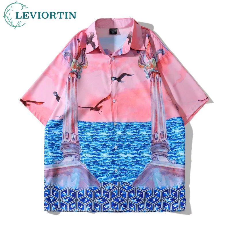 

Streetwear Mens Social Party Blusa Camisa Masculina Pink Sea Mew Print Men Shirt Short Sleeve Summer Hawaii Holiday Beach Shirt