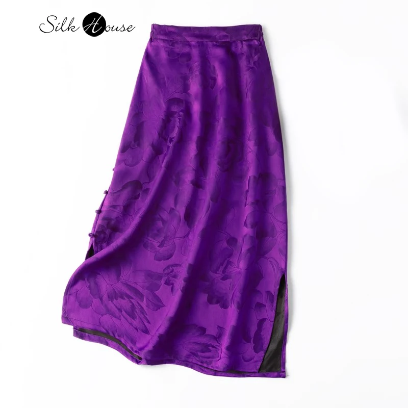 

2024 Women's Summer New 45MM 100% Natural Mulberry Silk Jacquard Weave Fragrant Cloud Yarn New Chinese Button Wrapped Hip Skirt