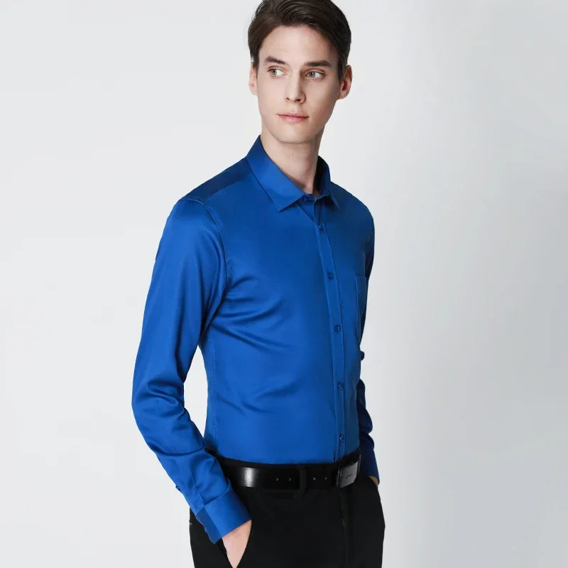 

Мужская классическая рубашка с длинным рукавом, голубая однотонная хлопковая рубашка в деловом стиле, с защитой от морщин, Осень-зима 2019