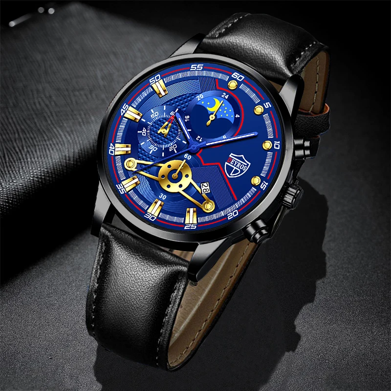 

2022 New Mens Business Calendar Watches Leather Band Wrist Watch Luminous Male Quartz Watch Analog Clock Gift reloj hombre