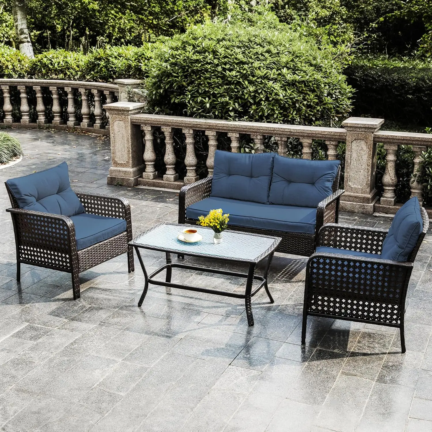 4 Pieces Patio Furniture Set,Outdoor Rattan Chair Wicker Conversation Sets with Cushions and Glass Coffee Table,for Porch Balcon
4 Pieces Patio Furniture Set,Outdoor Rattan Chair Wicker Conversation Sets with Cushions and Glass Coffee Table,for Porch Balcon