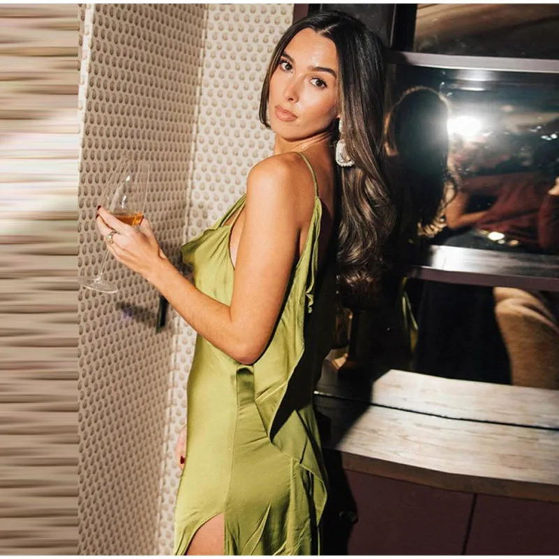 Elegant Green Satin Ruffle Dress Women Backless Spaghetti Strap Maxi with Side Split OUT1038 Elegant Green Satin Ruffle Dress Women Backless Spaghetti Strap Maxi with Side Split OUT1038