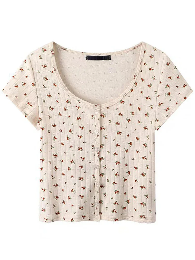Retro Floral Print Slim T-Shirts Women 2022 Summer Fashoin Ladies Vintage Button Cotton T Shirt Sweet Women Chic Y2k Crop Top
Retro Floral Print Slim T-Shirts Women 2022 Summer Fashoin Ladies Vintage Button Cotton T Shirt Sweet Women Chic Y2k Crop Top
