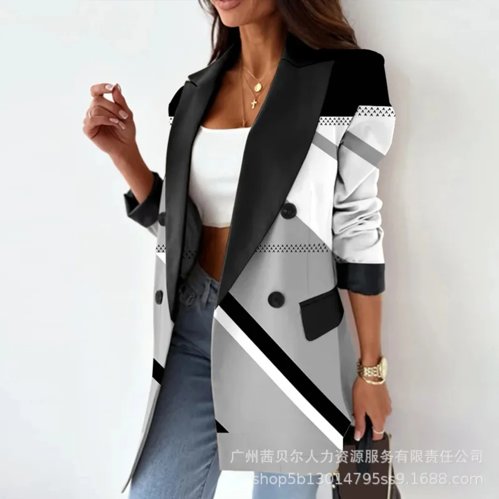 

2024 Women Geo Print Notched Collar Double Breasted Fake Pocket Working Blazer Jackets
