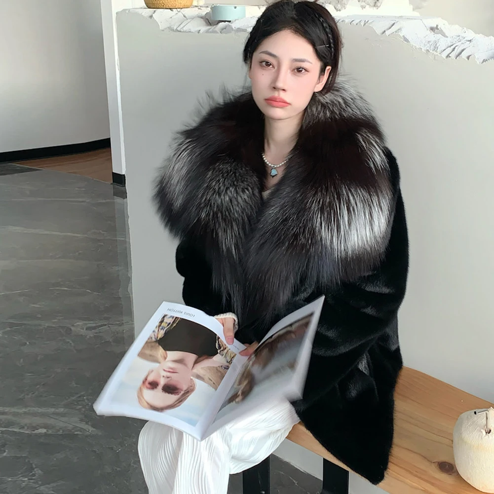 Denny&Dora Women's Mink Fur Coat Silver Fox Lapel Collar Woman Coat Black Fur Coat Denny&Dora Women's Mink Fur Coat Silver Fox Lapel Collar Woman Coat Black Fur Coat