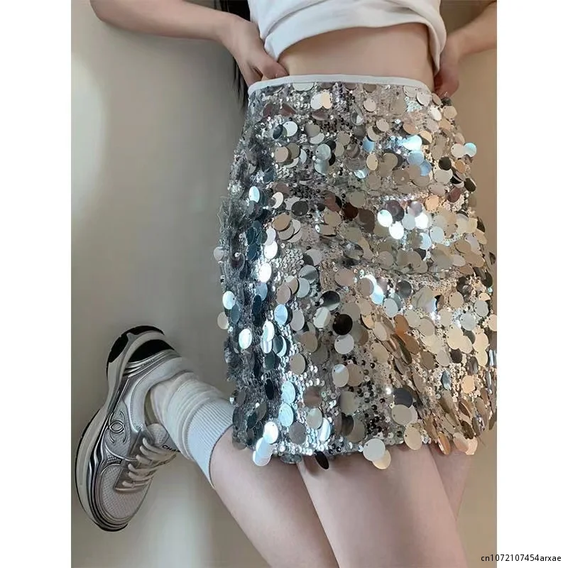 

Fashion Women's Skirt High Waist Spliced Sequins Mini Wrap The Buttocks Sexy Silver Skirts Spring Female 2023 New
