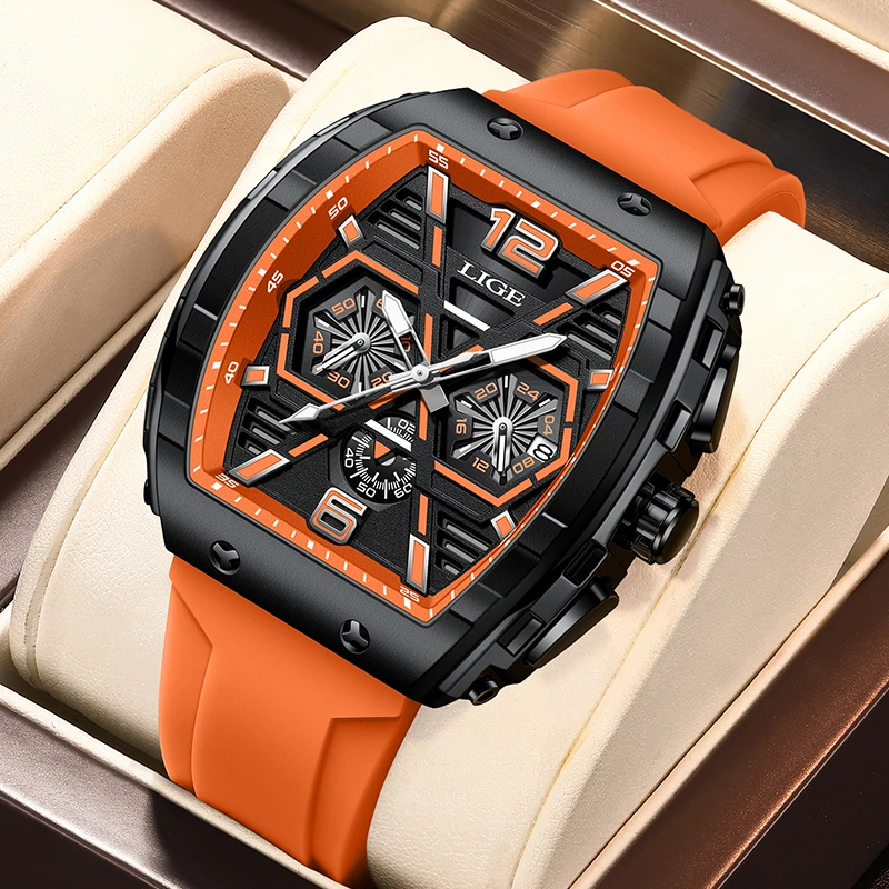 

New LIGE Chronograph Quartz Watch for Men Fashion Silicone Strap Tonneau Big Dial Wrist Watch Men Date 5atm Waterproof Clock+Box