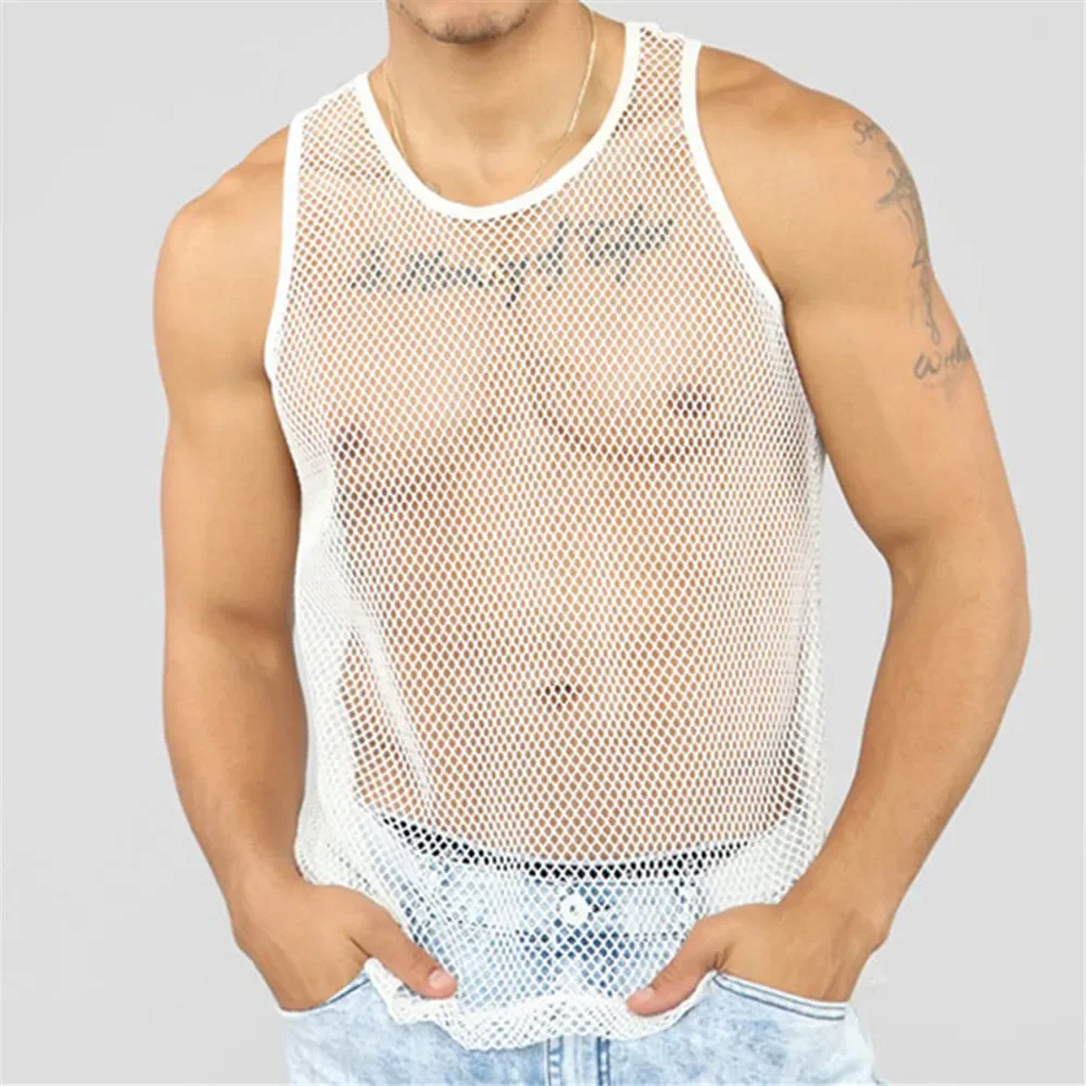 

Men Sexy Mesh Sheer Tank Tops Solid Color See-through Fishnet Slim Fit Patchwork Tanks Top Male Gym Fitness Muscle Vest Tee Tops