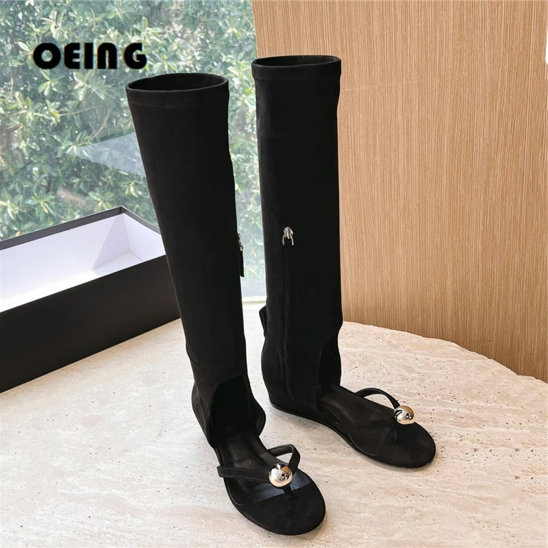 

Summer Women Embellished Thong Boots Sexy Peep Toe Wedge Heels Mid-calf Boot Runway Style Suede Leather Sandals Botas De Mujer