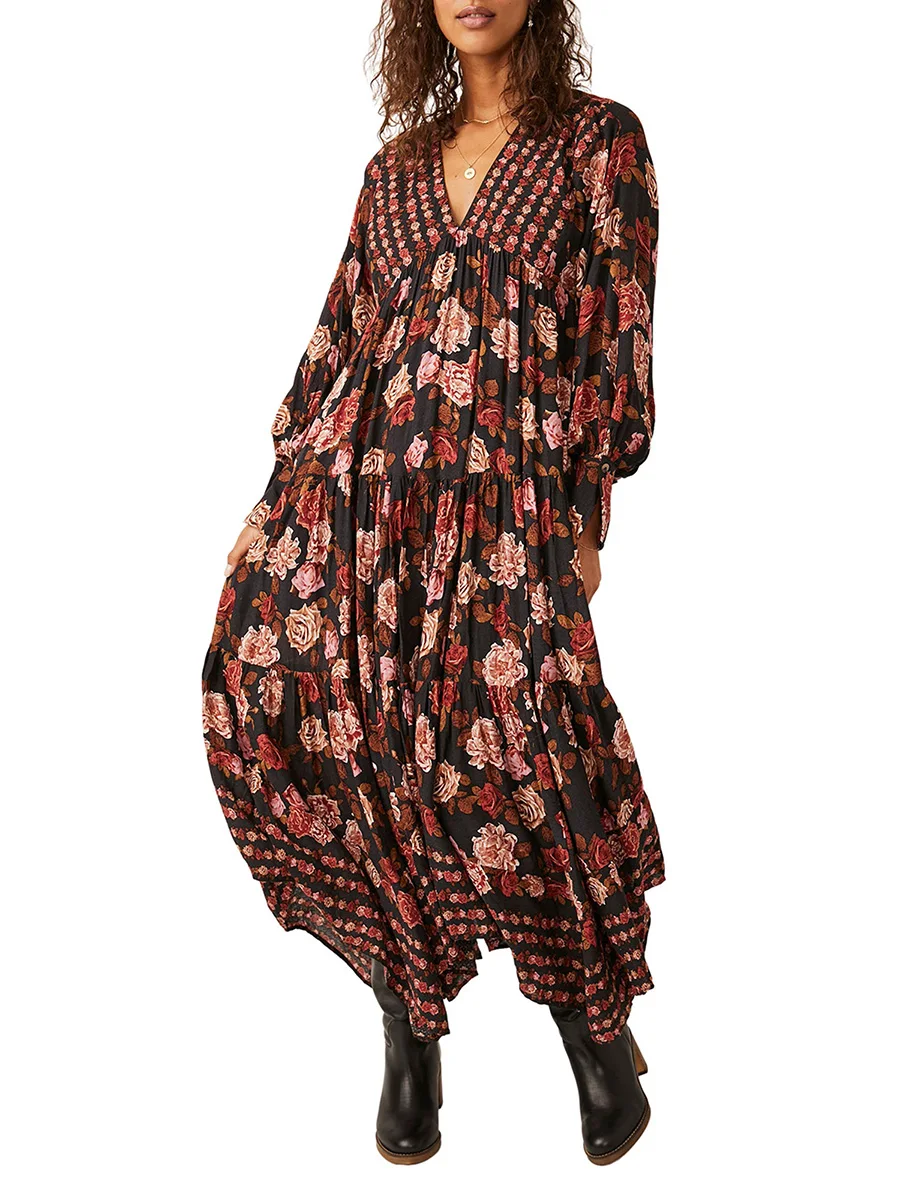 Women Bohemian Floral Print Maxi Dress Vintage Fall Loose Long Sleeve V-Neck Swing Dress Flowy Beach Long Dress
Women Bohemian Floral Print Maxi Dress Vintage Fall Loose Long Sleeve V-Neck Swing Dress Flowy Beach Long Dress