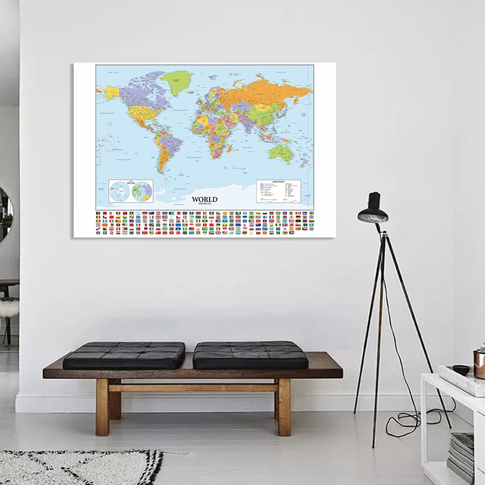 

150*100cm Detailed Map of The World with Country Flags Vinyl Canvas Word Map Painting Wall Poster Home Decor School Supplies