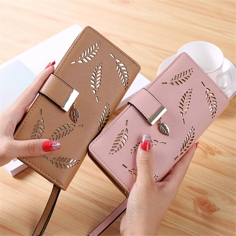 

Hot Women Wallet Female Long Wallet Gold Hollow Leaves For Pouch Handbag Women Coin Purse Card Holders Portefeuille Femme