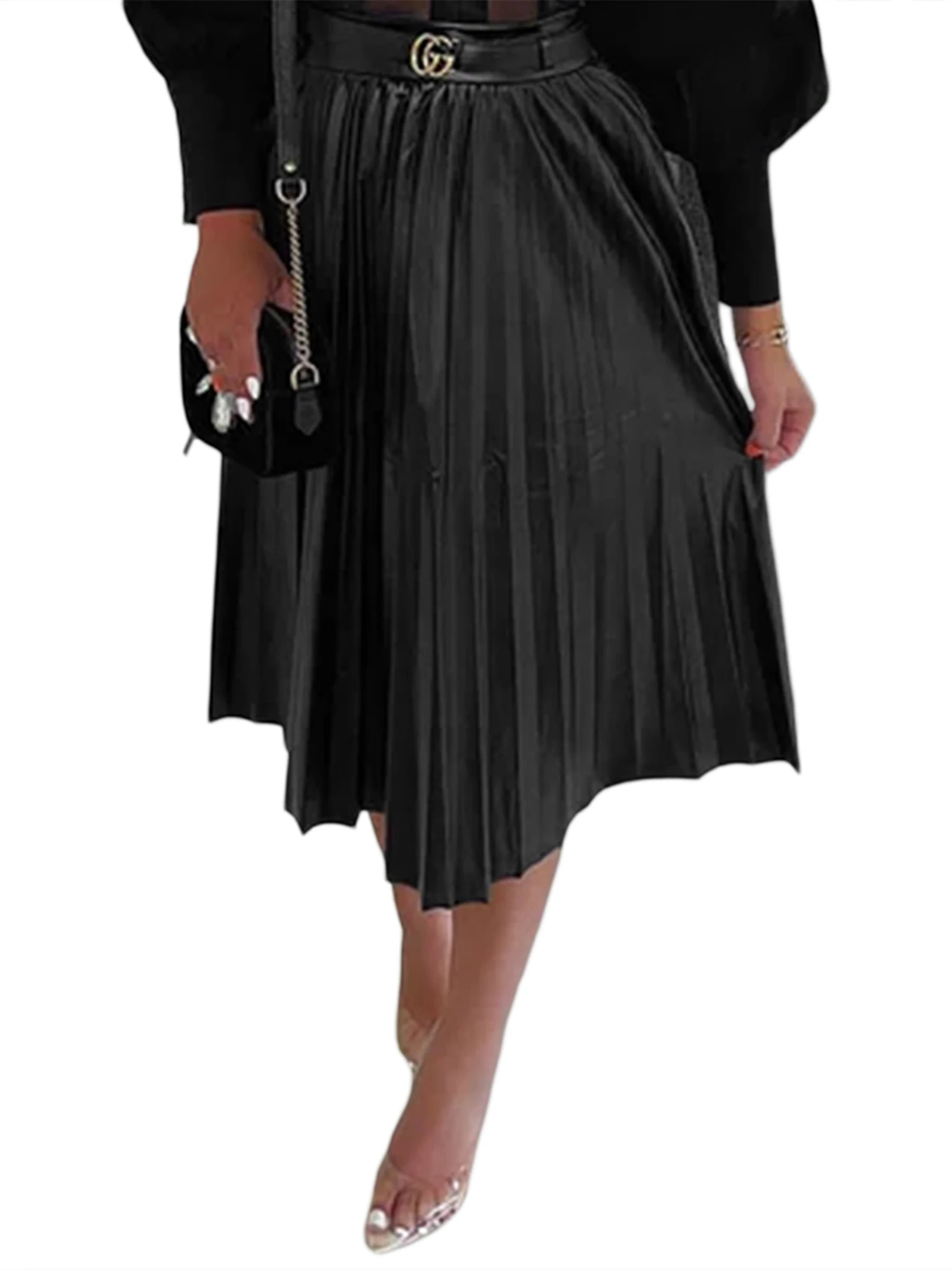 

Женская винтажная юбка миди из искусственной кожи, элегантная однотонная плиссированная Расклешенная юбка трапециевидной формы с высокой талией и молнией