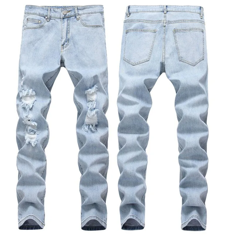 

Рваные Изношенные маленькие прямые узкие джинсы до колена европейские мужские Стрейчевые брюки