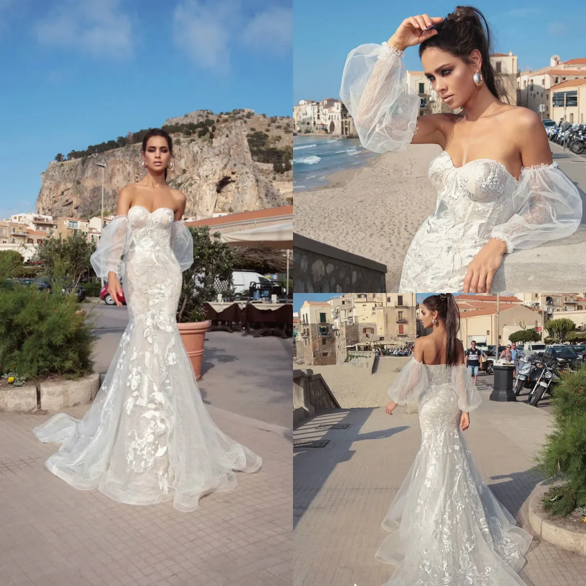 

Sexy mermaid wedding dress with detachable sleeves Sweep train Sweetheart applique with lining custom plus size bridal dress