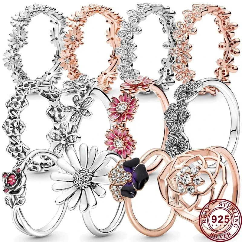 

New Hot 925 Silver Delicate Tri-color Princess Crystal Authentic Women's Logo Daisy Ring High Quality DIY Fashion Charm Jewelry