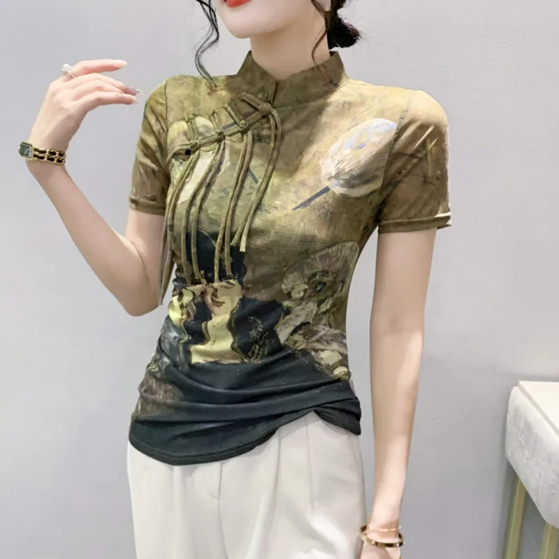 #6369 Vintage Print T Shirt Women Stand Collar Buttons Vintage Tight Tshirt Thin Chinese Style Perspective T-shirt Short Sleeves
#6369 Vintage Print T Shirt Women Stand Collar Buttons Vintage Tight Tshirt Thin Chinese Style Perspective T-shirt Short Sleeves