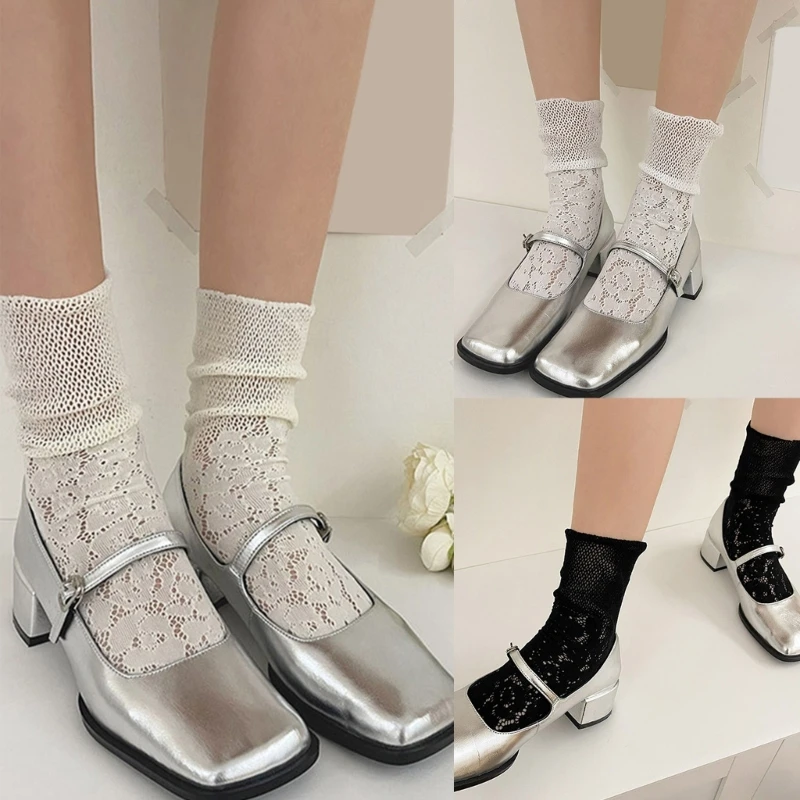 

Sweet Hollowed Out Flower Lace Ankle Socks for Women Girls Japanese Loose Mesh Cuffs Splicing Short Calf Socks
