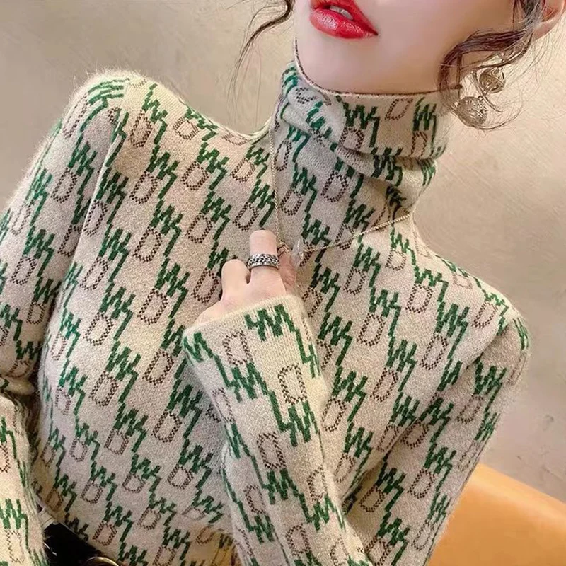 

Autumn Office Lady Letter Slim Turtleneck Long Sleeve Bottoming Shirt Women Clothes Fashion Printing Pullovers Interior Lapping