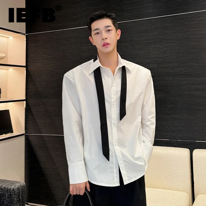 

IEFB Korean Style Men's Tie Design Male Shirt Contrast Color Men Top 2024 Spring Male Turn-down Collar Loose Shirts 9C5107