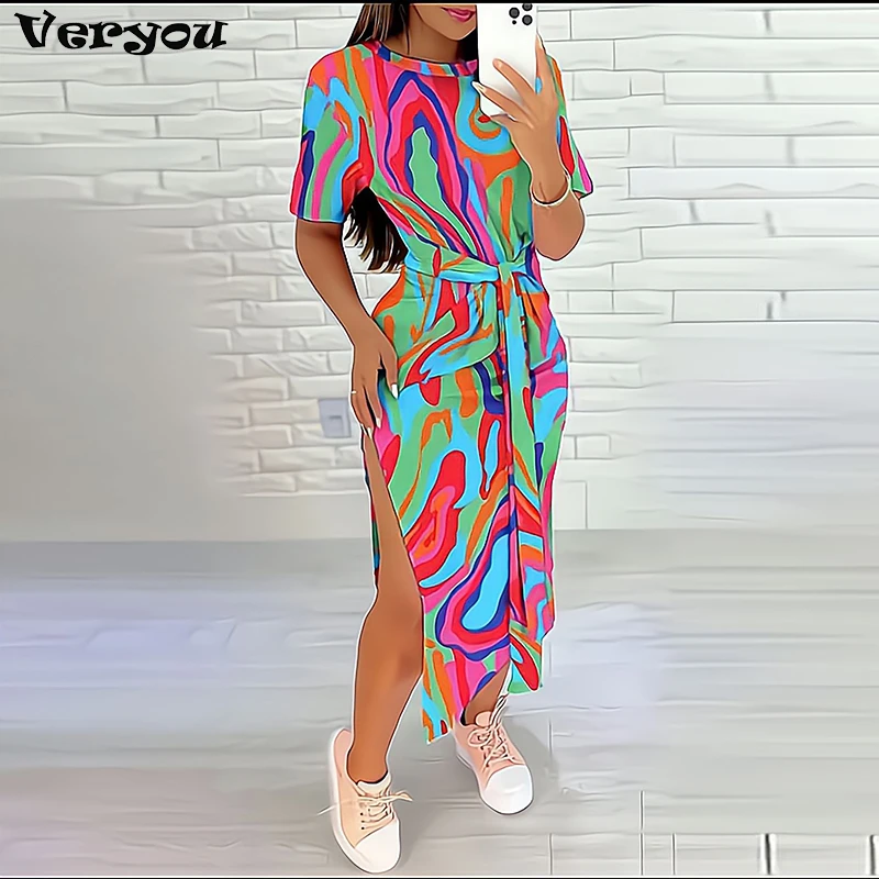 

Women Fashion Rainbow Ombre Vacation Dress European & American Women's Clothing Tied Detail Summer Slit Casual Mid-Calf Dresses