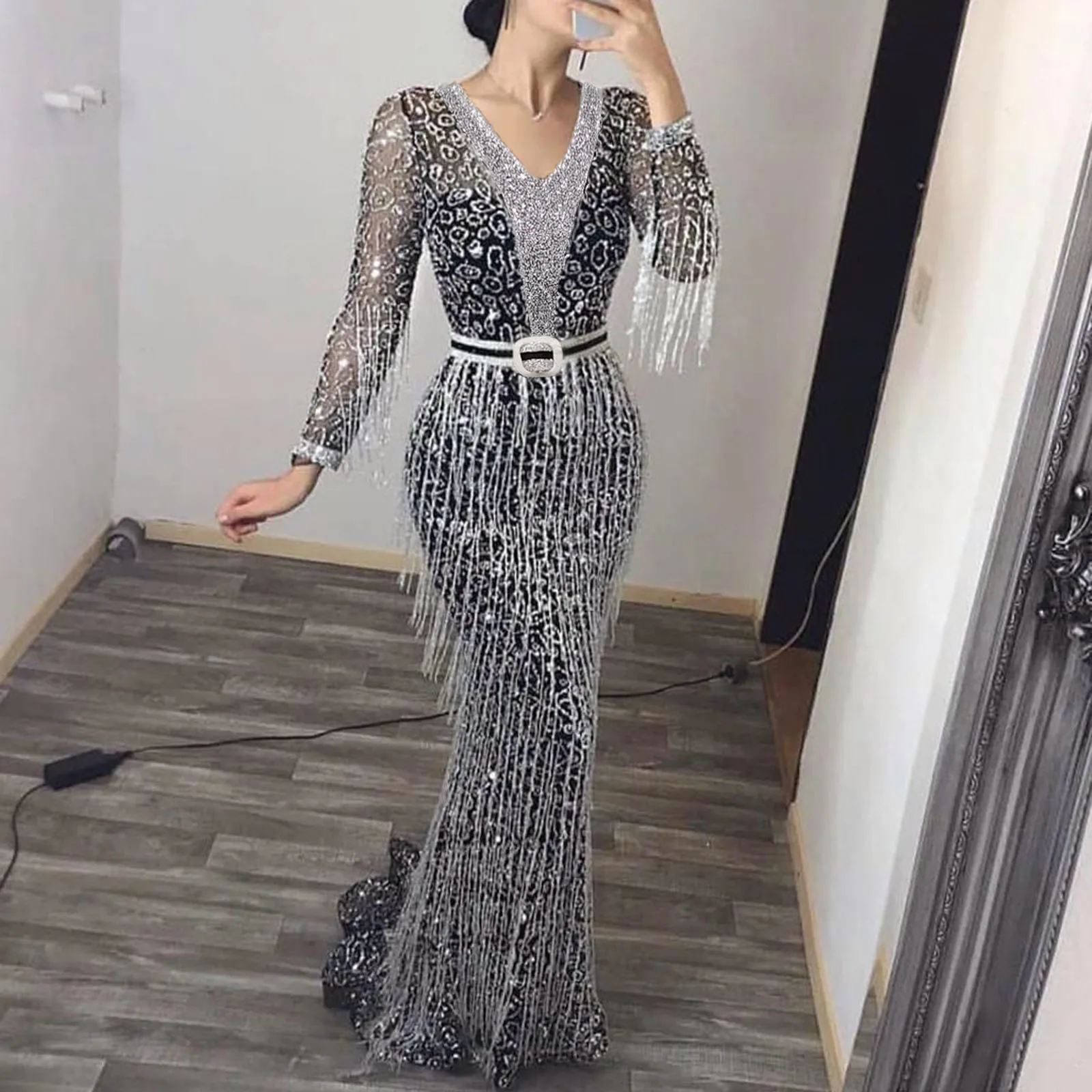 

Sequined Women'S Dress Fringed Maxi Long Sleeve Female Elegant Formal Dresses Party Evening Prom Gala Cocktail Vestidos