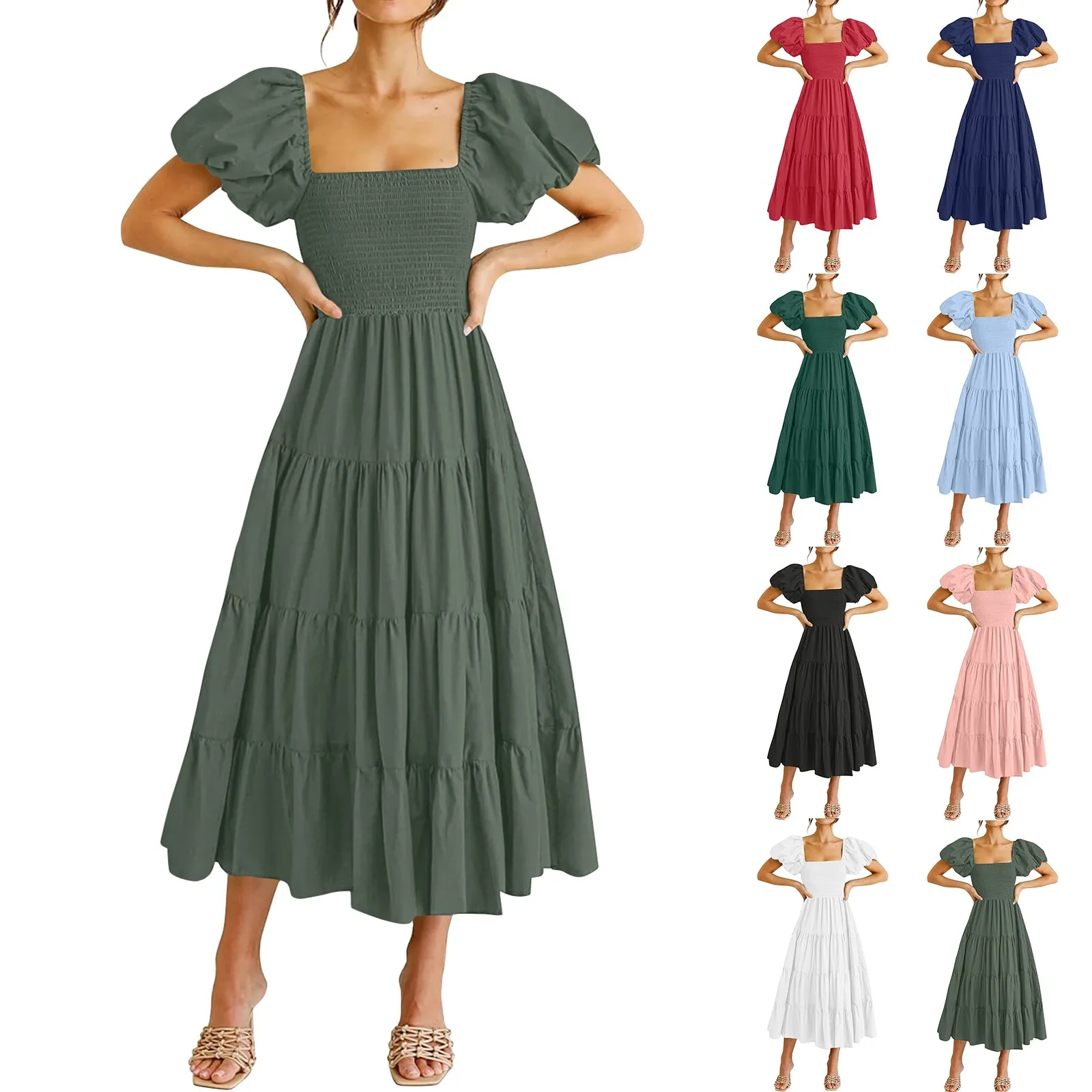 

Women's Fashion Solid Colour Dresses Square Neck Backless Bubble Sleeve Dresses New Pleated Elegant Dresses فساتين طويلة