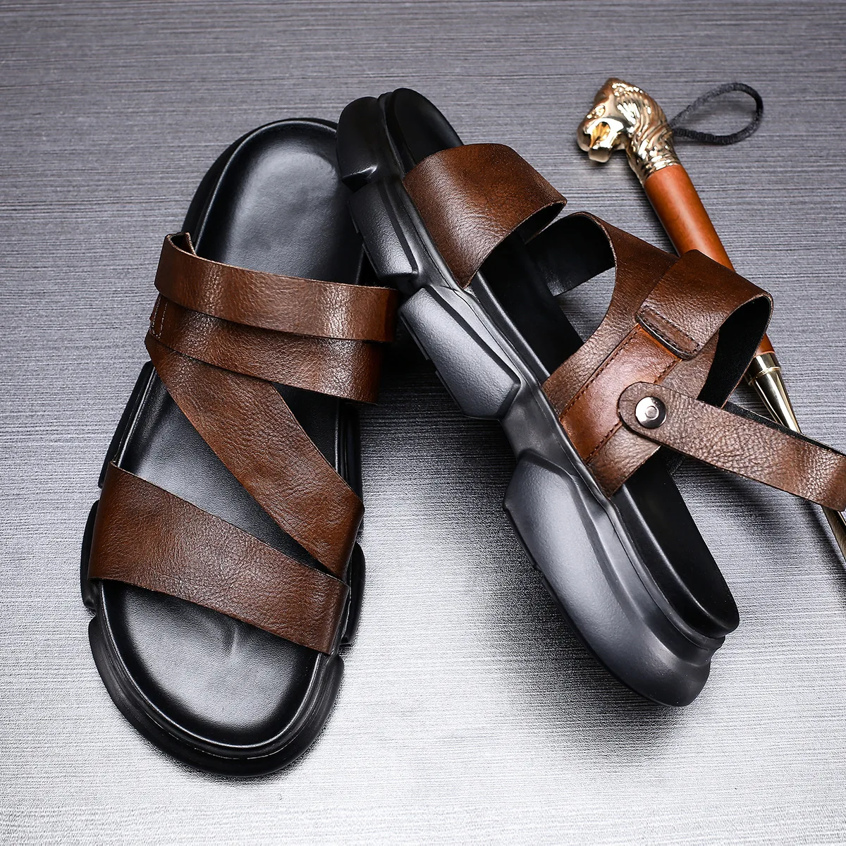 

Взрослые мужские мягкие кожаные летние повседневные сандалии с натуральным лицевым покрытием высококачественные сланцы для улицы