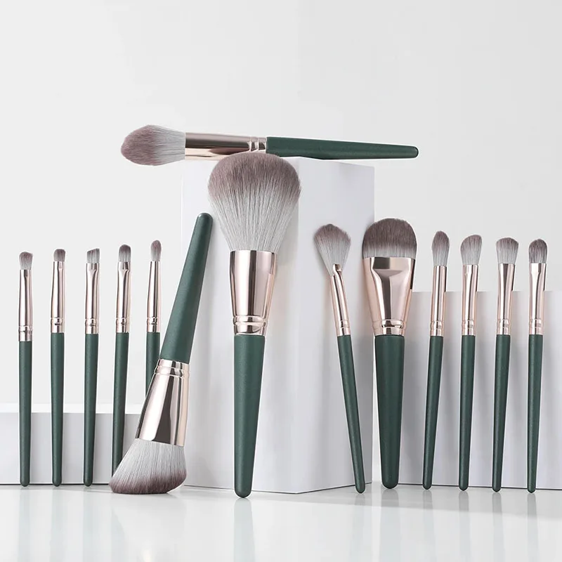 

14pcs Green Makeup Brushes Set Cosmetic Foundation Powder Blush Eye Shadow Blend Soft Wooden Beginner's Makeup Brushes Tool