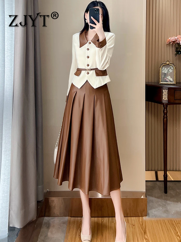 ZJYT Fashion Autumn Dress Set Two Piece for Women Outfit Blazer+PU Leather Skirt Suits Office Party Conjuntos Para Mujeres
ZJYT Fashion Autumn Dress Set Two Piece for Women Outfit Blazer+PU Leather Skirt Suits Office Party Conjuntos Para Mujeres