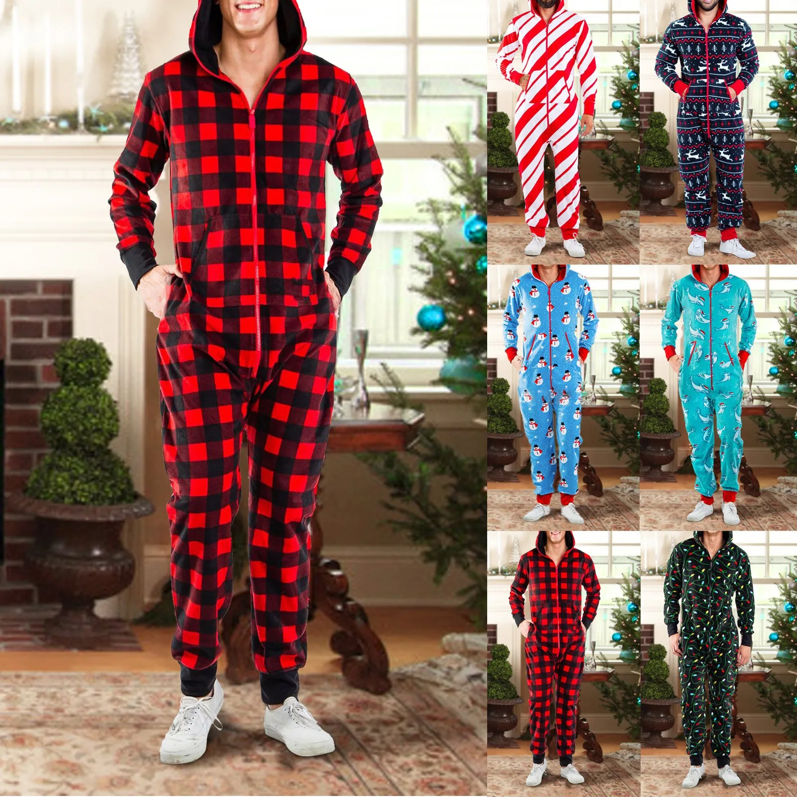 

Zip Hooded Onesies Unisex Pajamas Autumn Winter Warm Costumes Man Elk Print Sleepwear Cartoon Jumpsuit Female Christmas Homewear