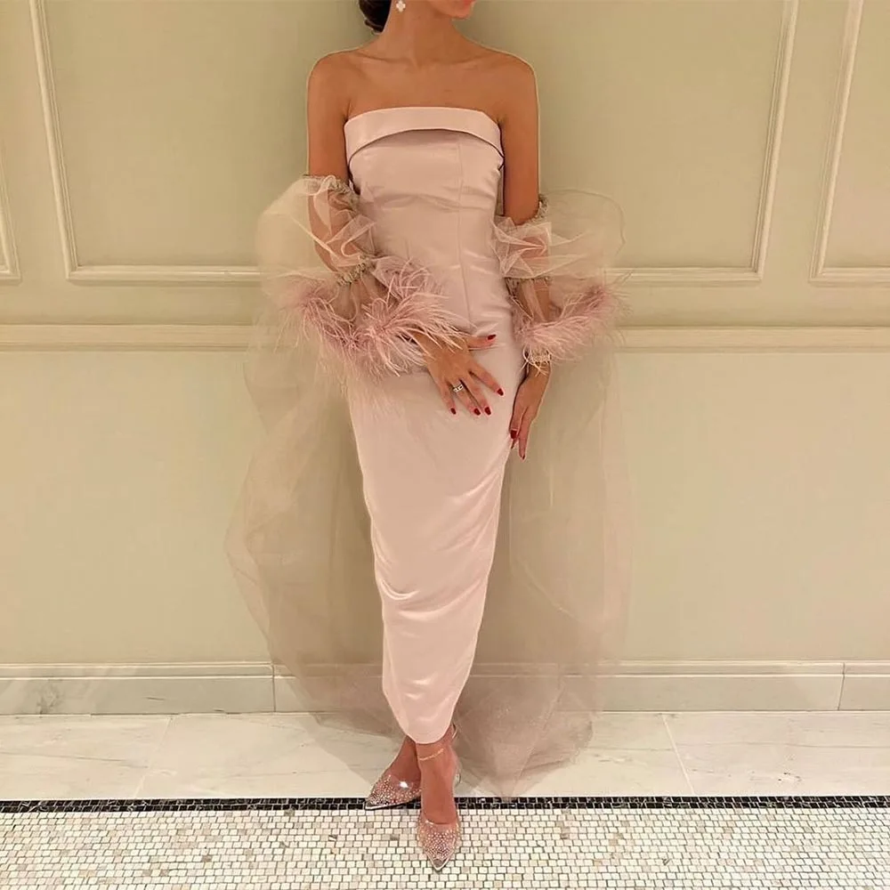 Xijun Pink Dubai Feathers Satin Mermaid Evening Dresses Strapless Puff Sleeves Saudi Arabic Women Formal Party Prom Gowns 2022
Xijun Pink Dubai Feathers Satin Mermaid Evening Dresses Strapless Puff Sleeves Saudi Arabic Women Formal Party Prom Gowns 2022