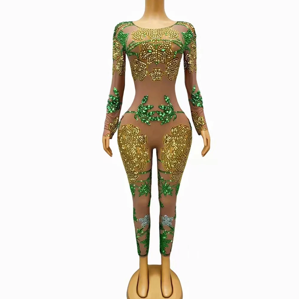 

Sexy Sparkly Green Gold Rhinestones Mesh Transparent Jumpsuit Celebrate Party Birthday Dress Dancer Show Rompers Stage Wear