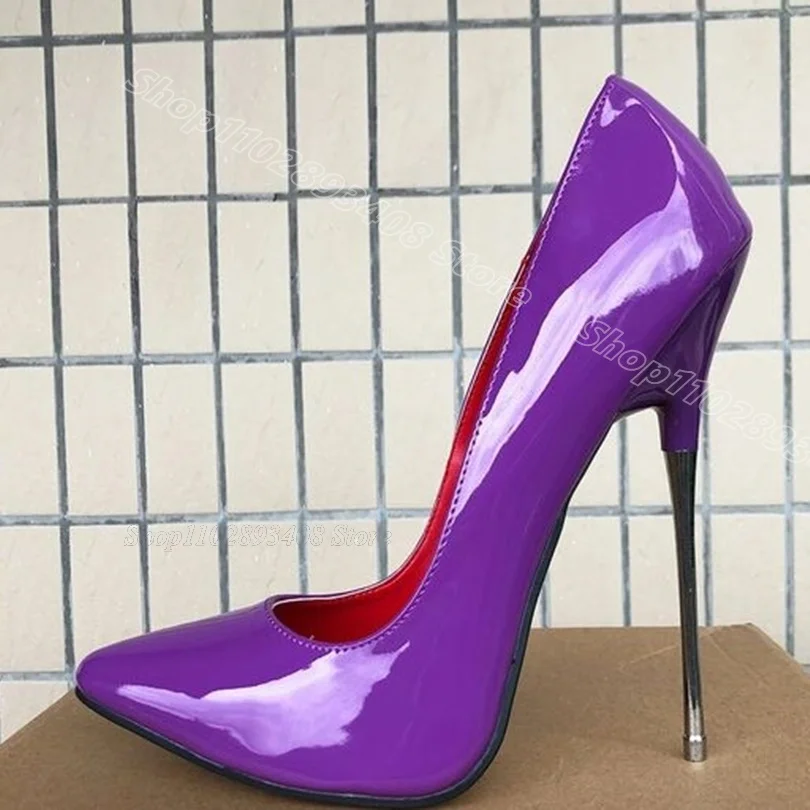

Purple Stiletto Patent Leather Pumps Metal Heels Pointed Toe Solid British Style Party Concise Women Shoes Zapatos Para Mujere