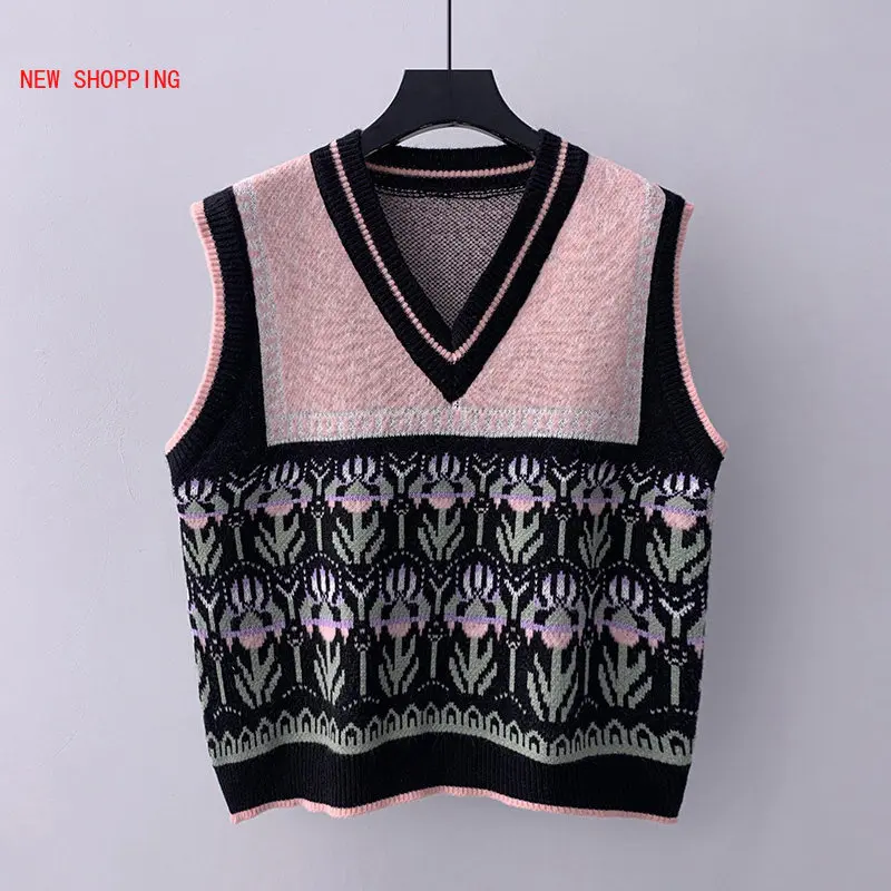 

Sweater Vest V Neck Vintage Knitted Vests Sleeveless Women Ugly Sweater Black Top Casual Pullover Spring New Jumper Fashion Pull