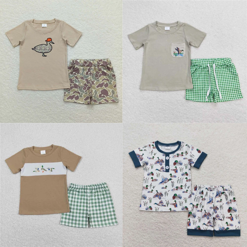 

wholesale hot sale western boutique baby boys clothes Embroidered brown green camouflage duck short sleeve shorts outfits